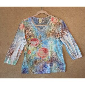 Jess & Jane Top Womens Sz M Blue‎ Floral Leopard Rhinestones Lightweight